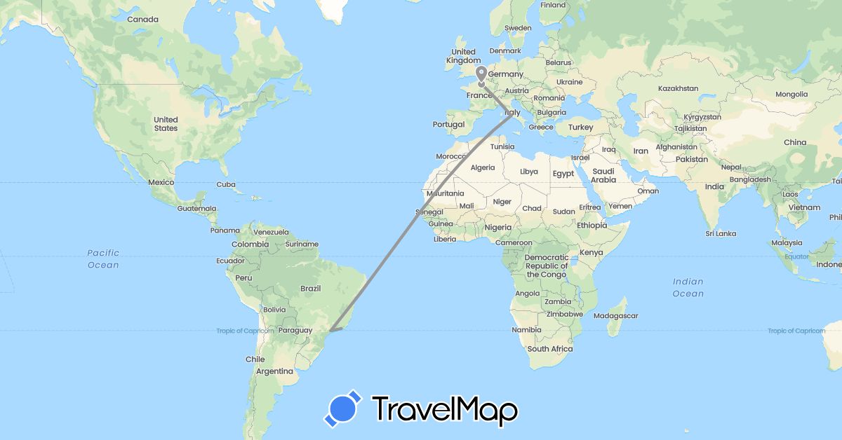 TravelMap itinerary: driving, bus, plane, boat in Brazil, France, Italy (Europe, South America)